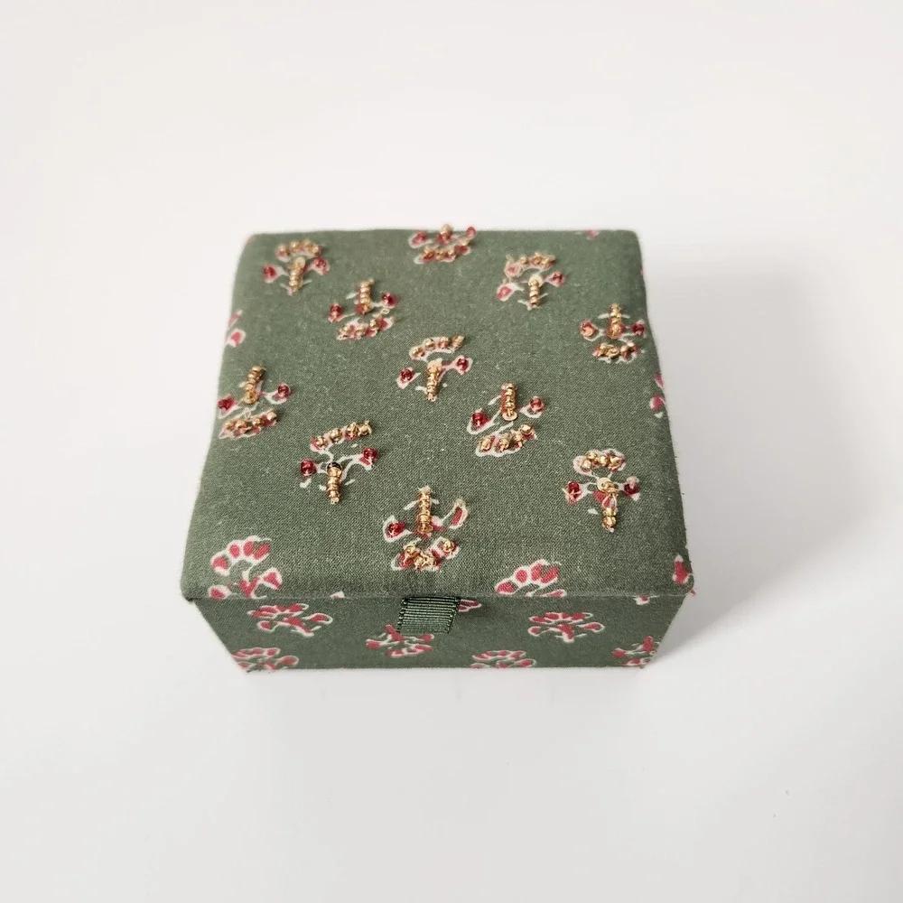 Embellished Trinket Jewelry Box Storage Sage Green with Floral Beads‎ NEW